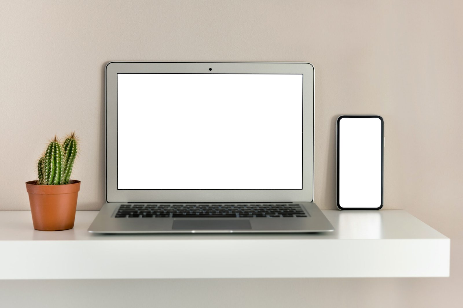 Silver laptop computer and mobile phone with blank screen sitting on the shelf next to cactus, both facing camera with white displays for copy space concept